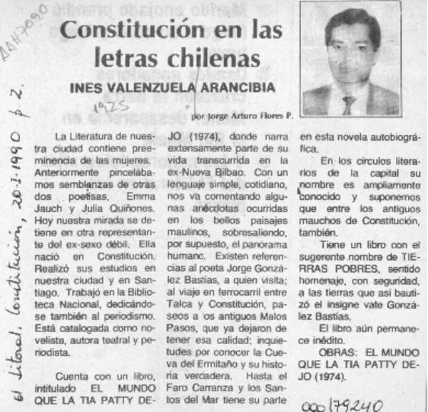 Inés Valenzuela Arancibia  [artículo] Jorge Arturo Flores P.