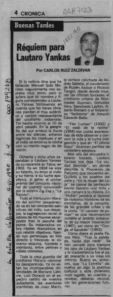 Réquiem para Lautaro Yankas  [artículo] Carlos Ruiz Zaldívar.