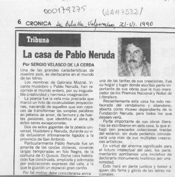 La casa de Pablo Neruda  [artículo] Sergio Velasco de la Cerda.
