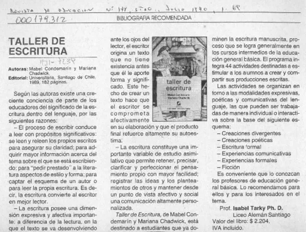 Taller de escritura  [artículo] Isabel Tarky.