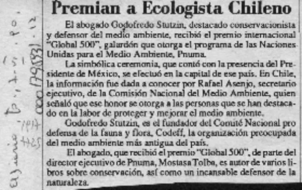 Premian a ecologista chileno  [artículo].