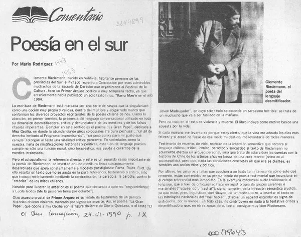 Poesía en el sur  [artículo] Mario Rodríguez.