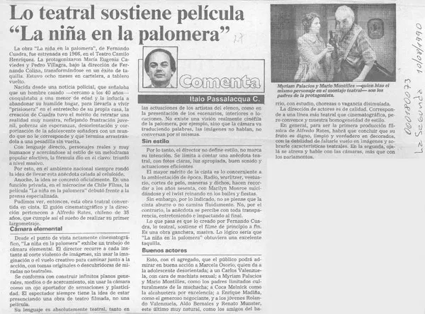 Lo teatral sostiene película "La niña en la palomera"  [artículo] Italo Passalacqua C.