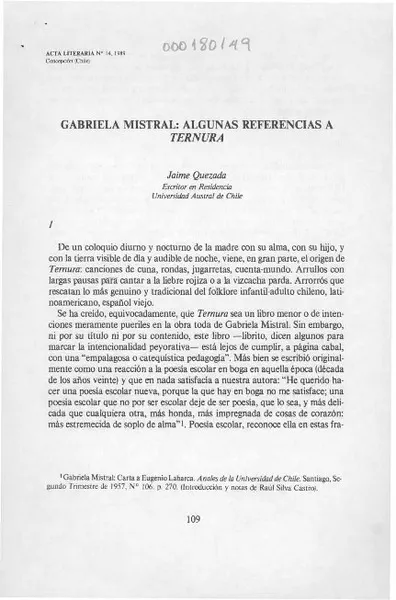 Gabriela Mistral, algunas referencias a Ternura  [artículo] Jaime Quezada.
