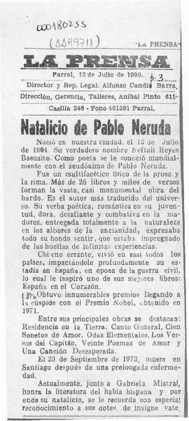 Natalicio de Pablo Neruda  [artículo].