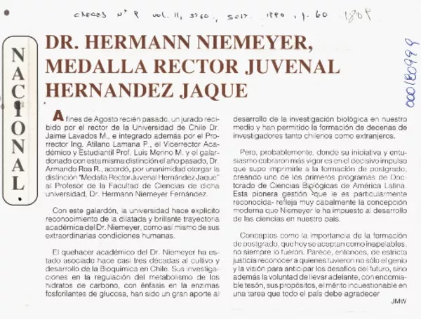 Dr. Hermann Niemeyer, medalla rector Juvenal Hernández Jaque  [artículo] JMW.