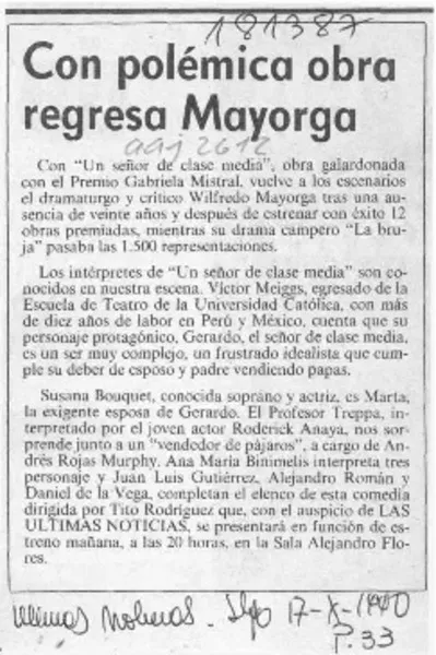 Con polémica obra regresa Mayorga  [artículo].