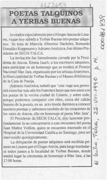 Poetas talquinos a Yerbas Buenas  [artículo].