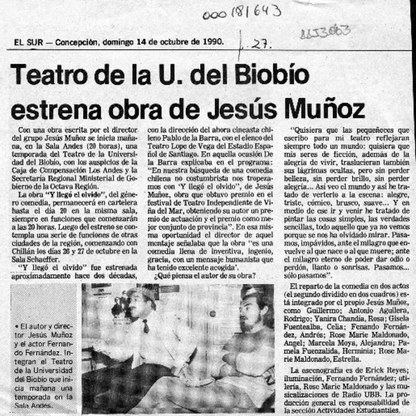 Teatro de la U. del Biobío estrena obra de Jesús Muñoz  [artículo].