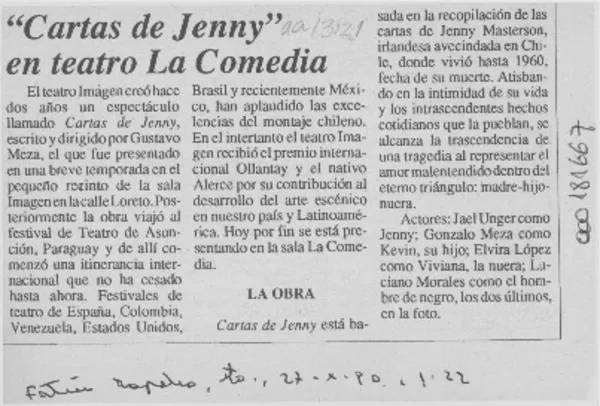 "Cartas de Jenny" en teatro La Comedia  [artículo].