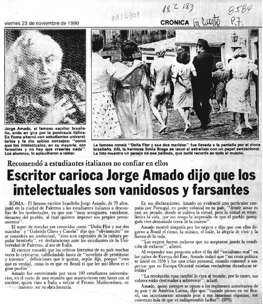 Escritor carioca Jorge Amado dijo que los intelectuales son vanidosos y farsantes  [artículo].