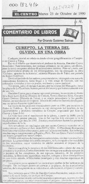 Curepto, la tierra del olvido, en una obra  [artículo] Orlando Gutiérrez Salinas.