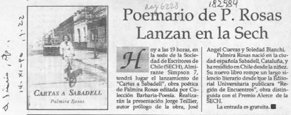 Poemario de P. Rosas lanzan en la Sech  [artículo].