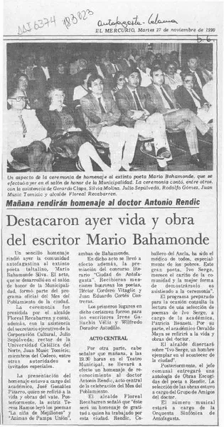 Destacaron ayer vida y obra del escritor Mario Bahamonde  [artículo].