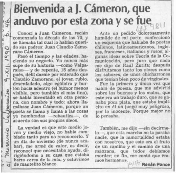 Bienvenida a J. Cameron, que anduvo por esta zona y se fue  [artículo] Renán Ponce.