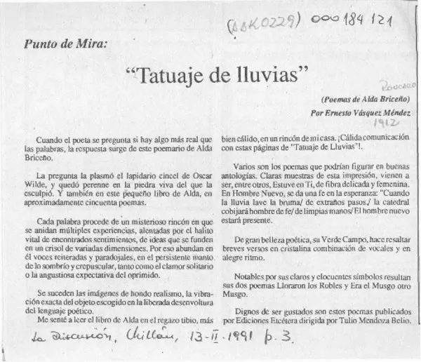 "Tatuaje de lluvias"  [artículo] Ernesto Vásquez Méndez.