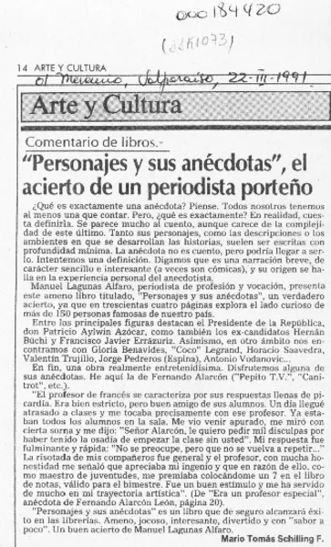 "Personajes y sus anécdotas", el acierto de un periodista porteño  [artículo] Mario TomásSchilling F.