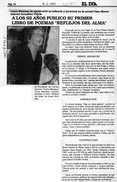 A los 92 años publicó su primer libro de poemas "Reflejos del alma"  [artículo].