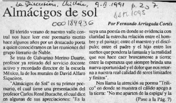 Almácigos de sol  [artículo] Fernando Arriagada Cortés.