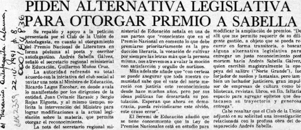 Piden alternativa legislativa para otorgar premio a Sabella  [artículo].