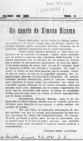 Un cuento de Ximena Bizama  [artículo] Alvaro Mesa Latorre.
