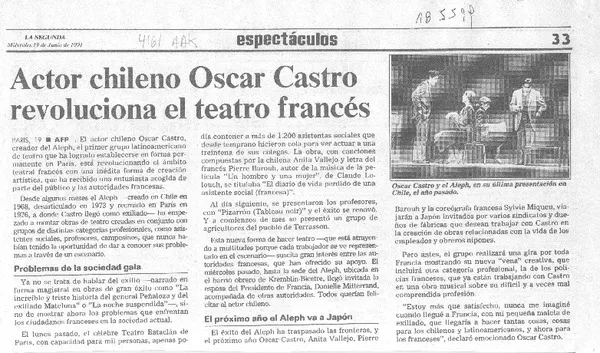 Actor chileno Oscar Castro revoluciona el teatro francés  [artículo].