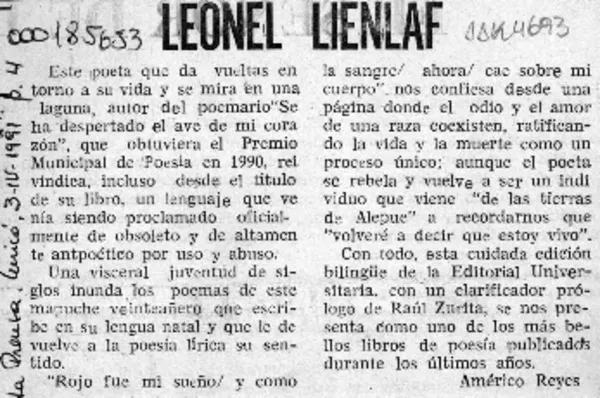 Leonel Lienlaf  [artículo] Américo Reyes.
