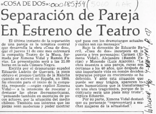 Separación de pareja en estreno de teatro  [artículo].