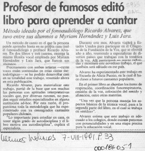 Profesor de famosos editó libro para aprender a cantar  [artículo].
