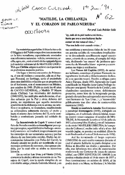 Matilde, la chillaneja y el corazón de Pablo Neruda  [artículo] Luis Rubilar Solís.