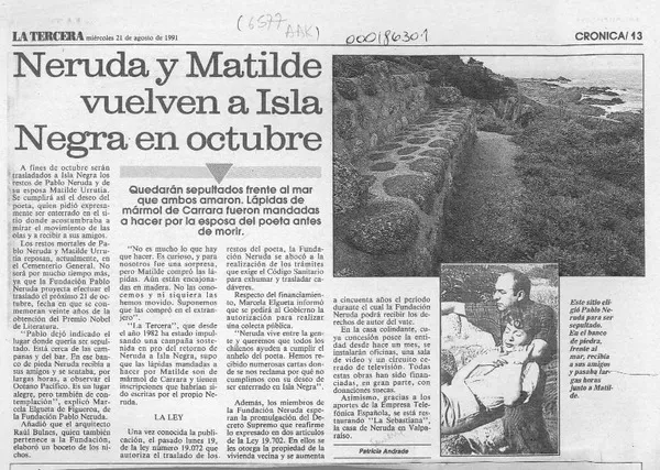 Neruda y Matilde vuelven a Isla Negra en octubre  [artículo] Patricia Andrade.