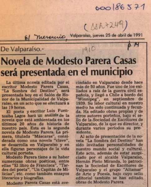 Novela de Modesto Parera Casas será presentada en el municipio  [artículo].