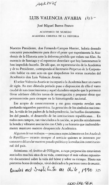 Luis Valencia Avaria  [artículo] José Miguel Barros Franco.
