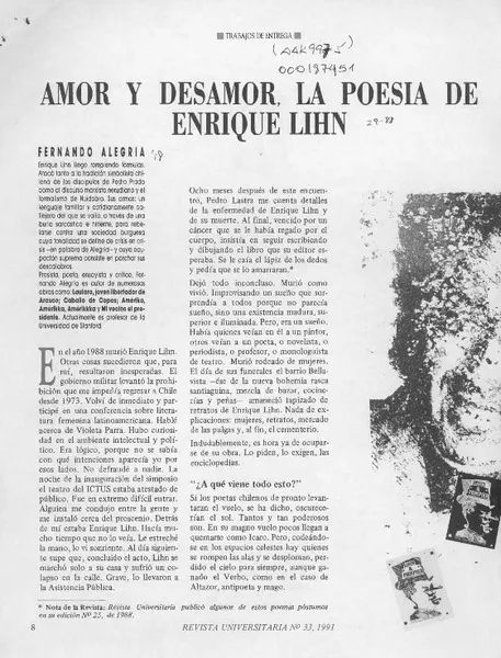 Amor y desamor, la poesía de Enrique Lihn  [artículo] Fernando Alegría.