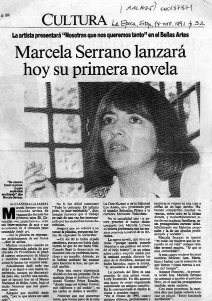 Marcela Serrano lanzará hoy su primera novela  [artículo] Alejandra Gajardo.