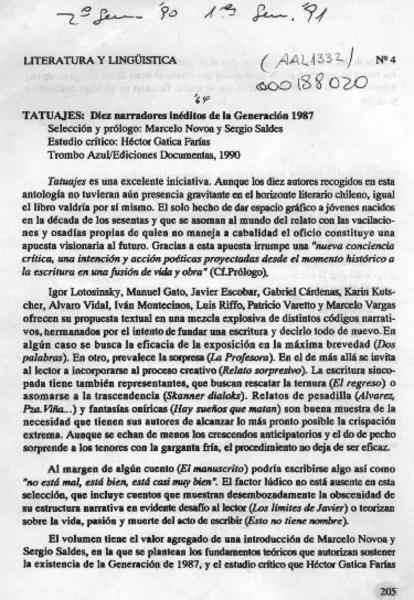 Tatuajes, diez narradores inéditos de la generación 1987  [artículo] Jaime Blume.