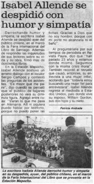 Isabel Allende se despidió con simpatía  [artículo] Patricia Andrade.
