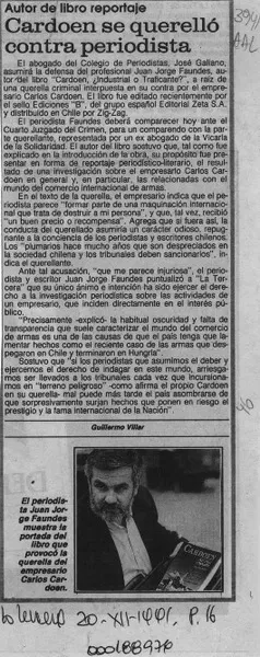 Cardoen se querelló contra periodista  [artículo] Guillermo Villar.