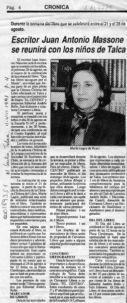 Escritor Juan Antonio Massone se reunirá con los niños de Talca  [artículo].