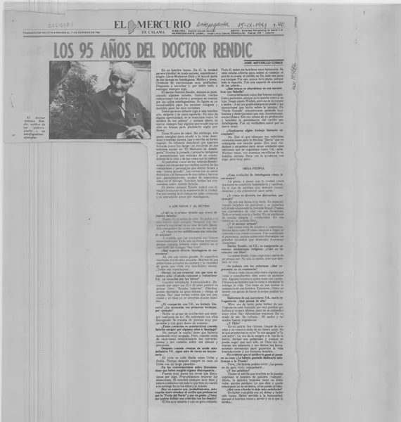 Los 95 años del doctor Rendic [entrevista] [artículo] : José Astudillo Gómez.