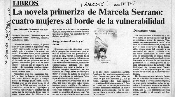 La novela primeriza de Marcela Serrano, cuatro mujeres al borde de la vulnerabilidad  [artículo] Eduardo Guerrero del Río.