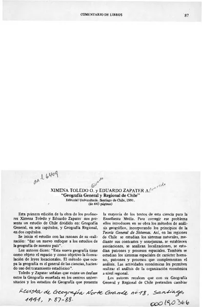 Ximena Toledo O. y Eduardo Zapater A. "Geografía general y regional de Chile"  [artículo] Jorge Ortiz Avila.