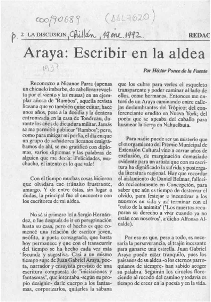 Araya, escribir en la aldea  [artículo] Héctor Ponce de la Fuente.