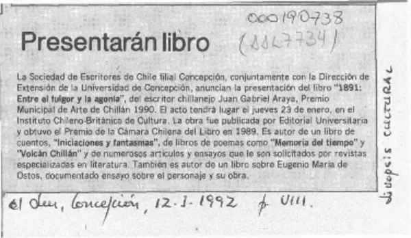 Presentarán libro  [artículo].