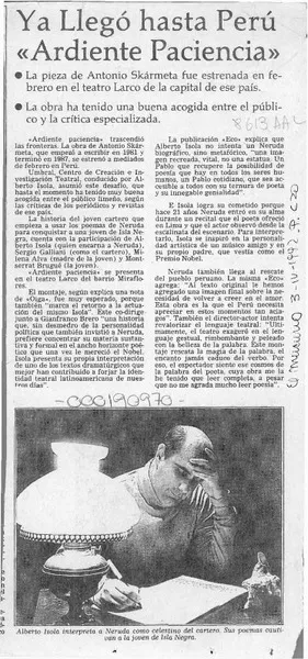 Ya llegó hasta Perú "Ardiente paciencia"  [artículo].