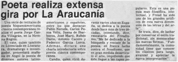 Poeta realiza extensa gira por La Araucanía  [artículo].