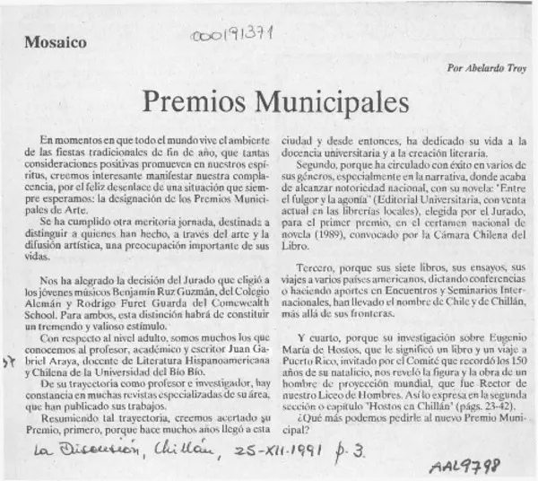 Premios Municipales  [artículo] Abelardo Troy.bacache.