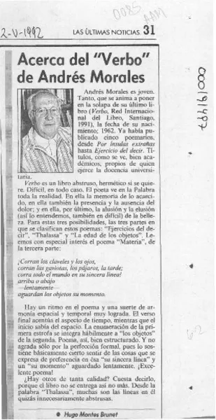 Acerca del "Verbo" de Andrés Morales  [artículo] Hugo Montes Brunet.