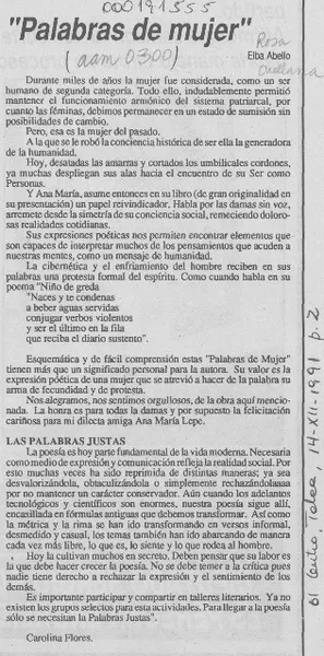 "Palabras de mujer"  [artículo] Carolina Flores.