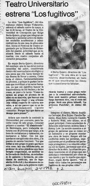 Teatro universitario estrena "Los fugitivos"  [artículo].